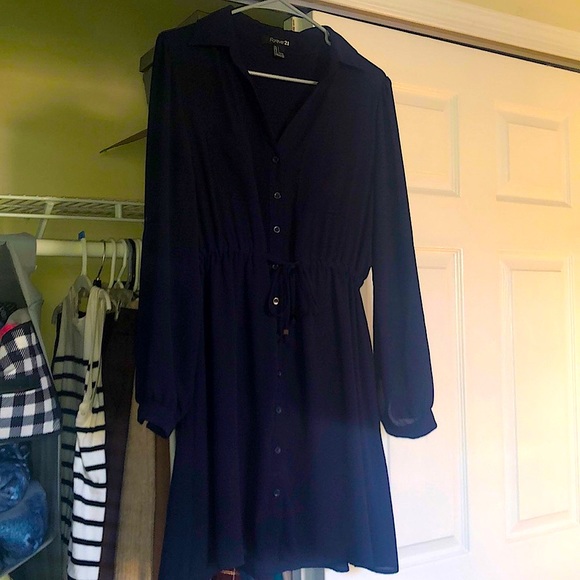 Vintage F21 long sleeve button down drawstring tie waist down navy mini dress - Picture 5 of 9